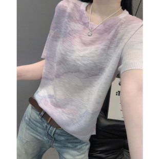 夏 凉爽竹节棉麻百搭显瘦宽松上衣小衫 高级感印花短袖 女冰丝针织衫