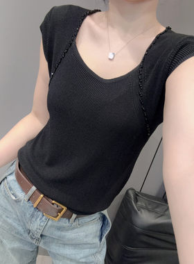 低领大领口短袖女冰丝针织衫