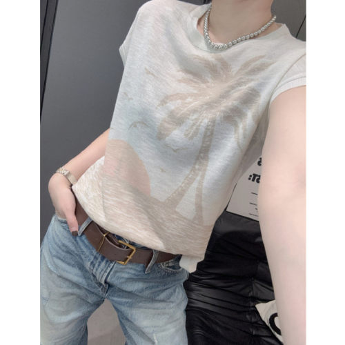 时髦印花短袖女冰丝针织衫宽松