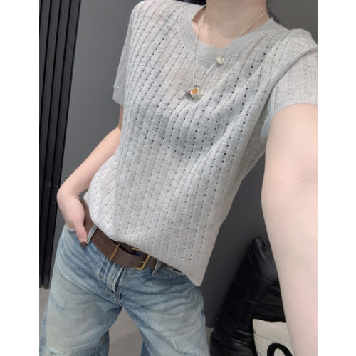 时尚条纹短袖女冰丝针织衫高级感