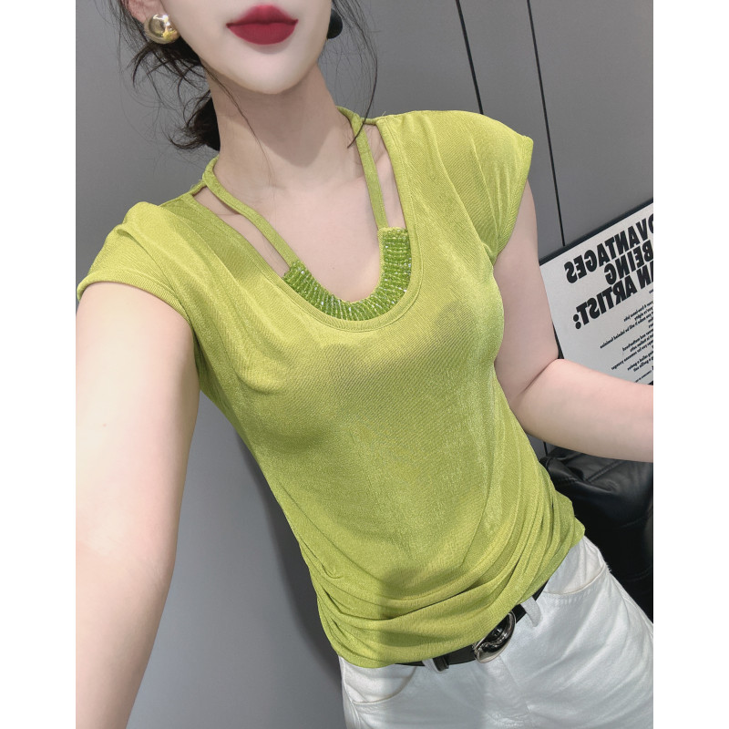 露锁骨V领短袖T恤女夏天不规则