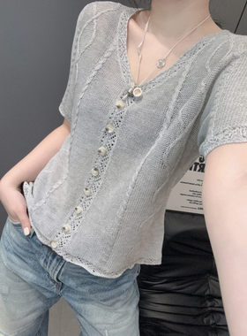 麻花毛衣短袖女冰丝针织衫设计感