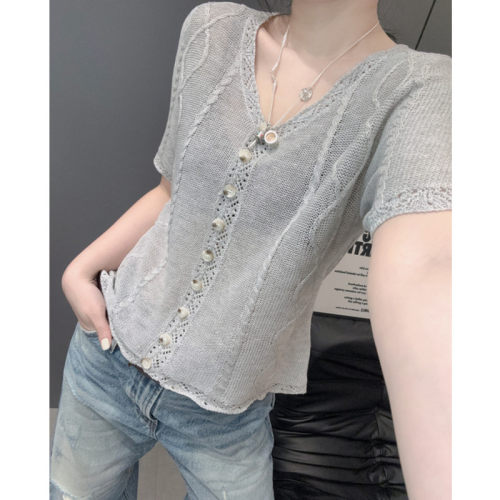 麻花毛衣短袖女冰丝针织衫设计感