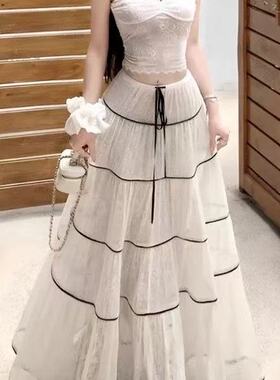 175加长高个子米色系绳公主风拼接半身裙女夏季宽松透气网纱长裙