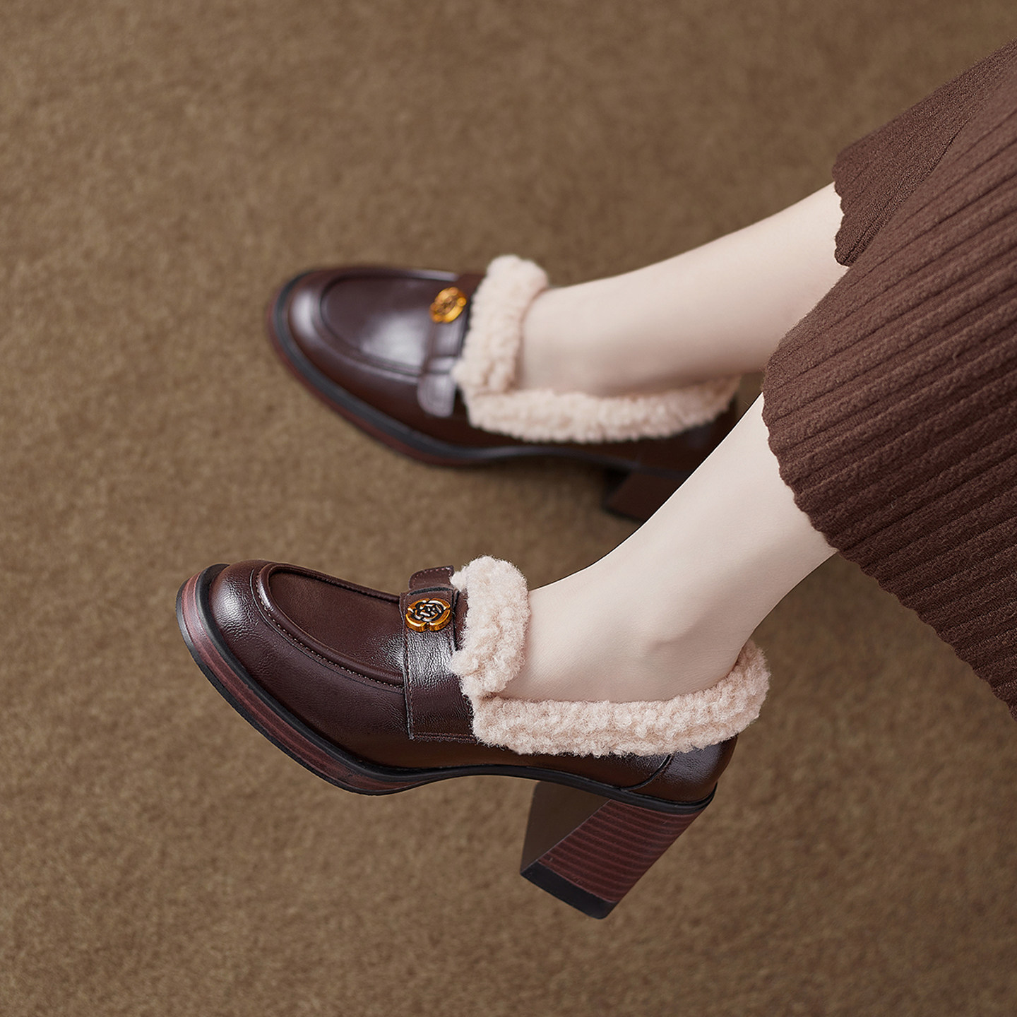 真皮学院风加绒乐福鞋女2025秋冬季新款粗跟一脚蹬高跟小皮鞋单鞋,女鞋,浅口单鞋,淘宝优惠券,粉丝福利购,淘宝优惠卷