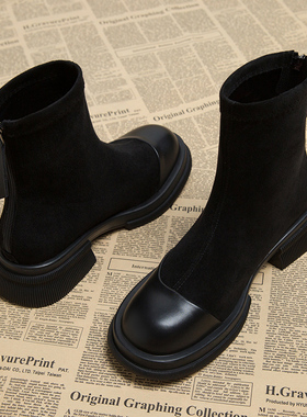 真皮短靴女2025春秋单靴韩系小裸靴秋冬弹力瘦瘦靴高级感马丁靴子