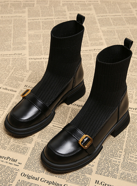真皮袜靴女2025新款春秋马丁靴弹力瘦瘦靴早秋韩系小裸靴平底短靴