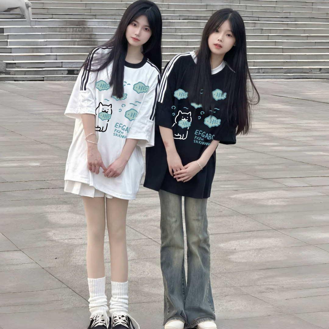 闺蜜姐妹装纯棉三条杠短袖t恤女大童2025夏季新款初中生宽松上衣