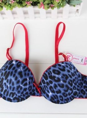 包邮外贸出口蓝色豹纹光面上薄下厚杯性感文胸内衣75A80A