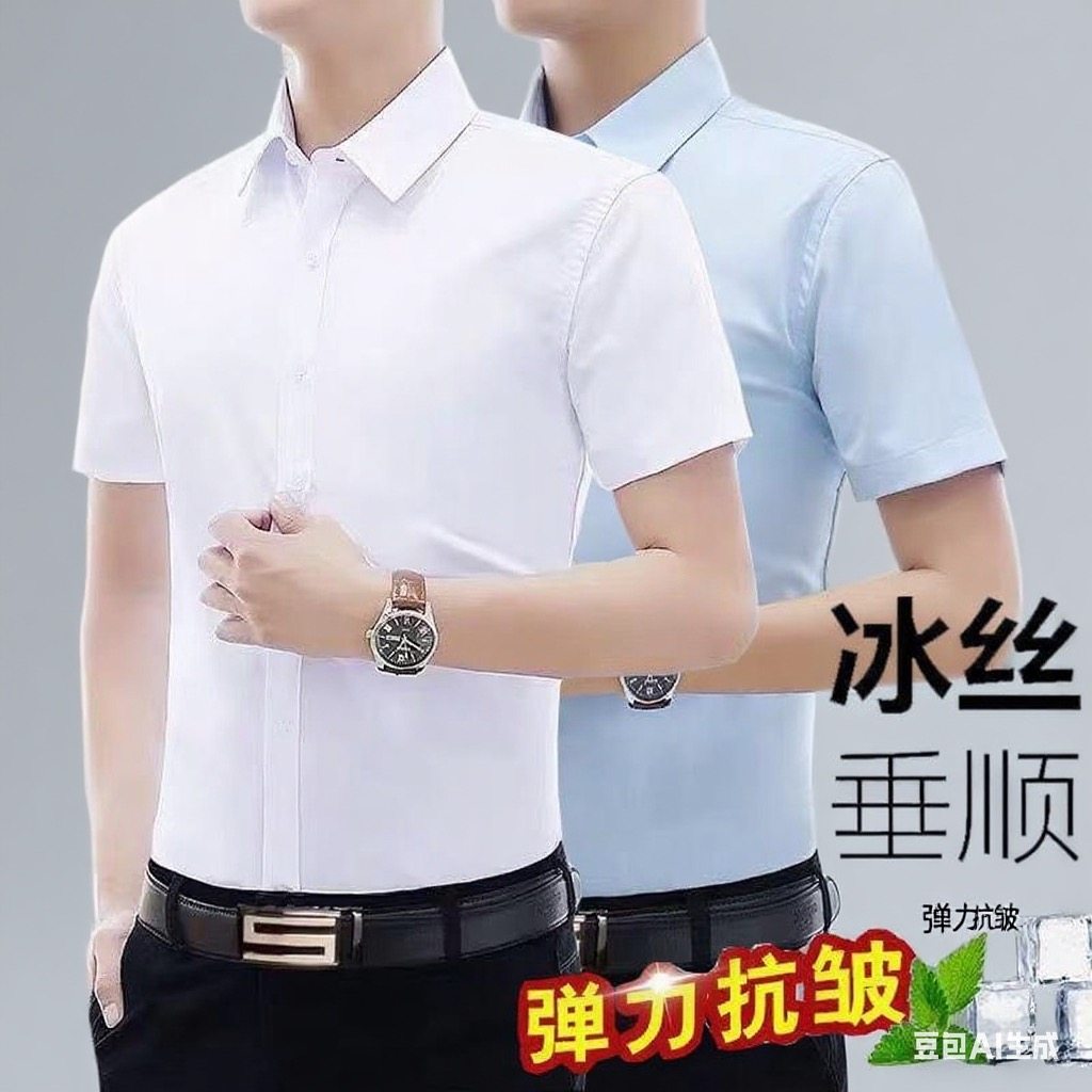 冰丝短袖衬衫夏季爸爸男士薄款商务休闲半袖蓝色衬衣免烫抗皱宽松,男装,衬衫,淘宝优惠券,粉丝福利购,淘宝优惠卷