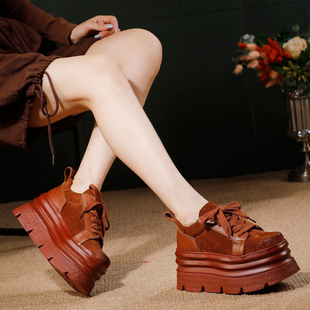 时尚 新款 小个子轻便休闲松糕百搭 女春季 厚底头层牛皮勃肯红色单鞋