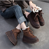 羊毛皮毛一体松糕短靴百搭 新款 厚底增高头层牛皮加绒高帮鞋 女冬季