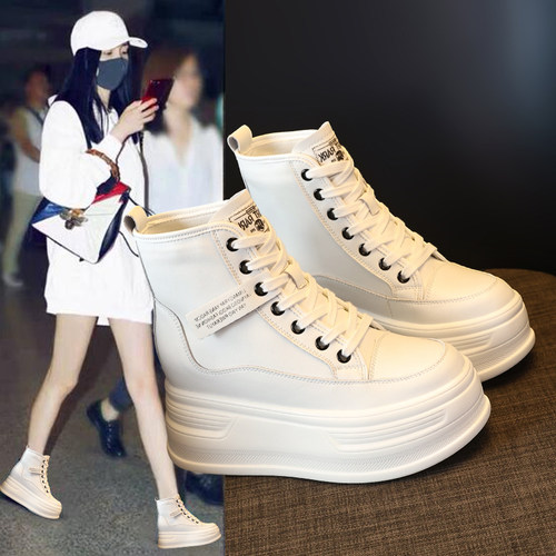厚底内增高8cm真皮系带小白鞋