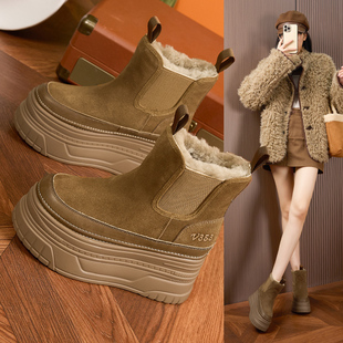 厚底内增高9CM真皮雪地靴女东北零下冬季 加绒保暖松糕中筒短靴子