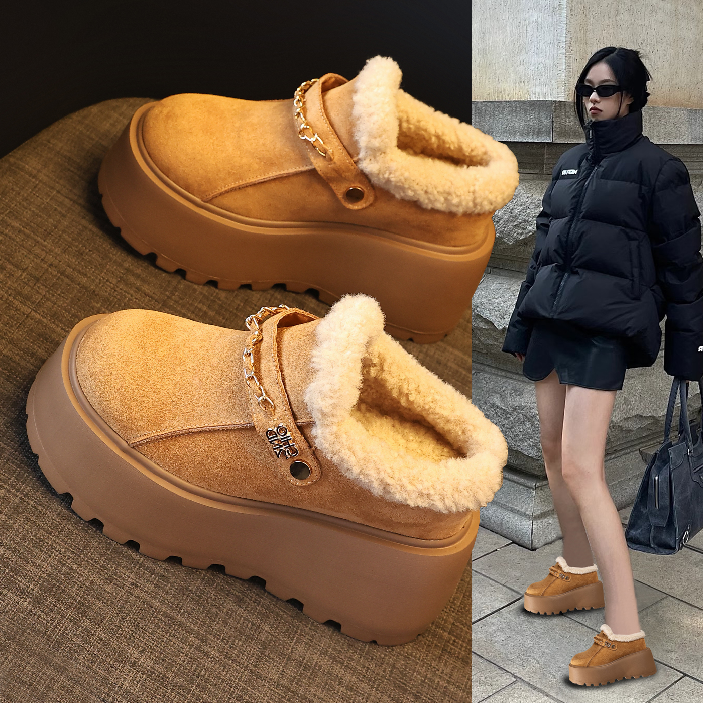 厚底勃肯包头毛绒棉拖鞋女外穿