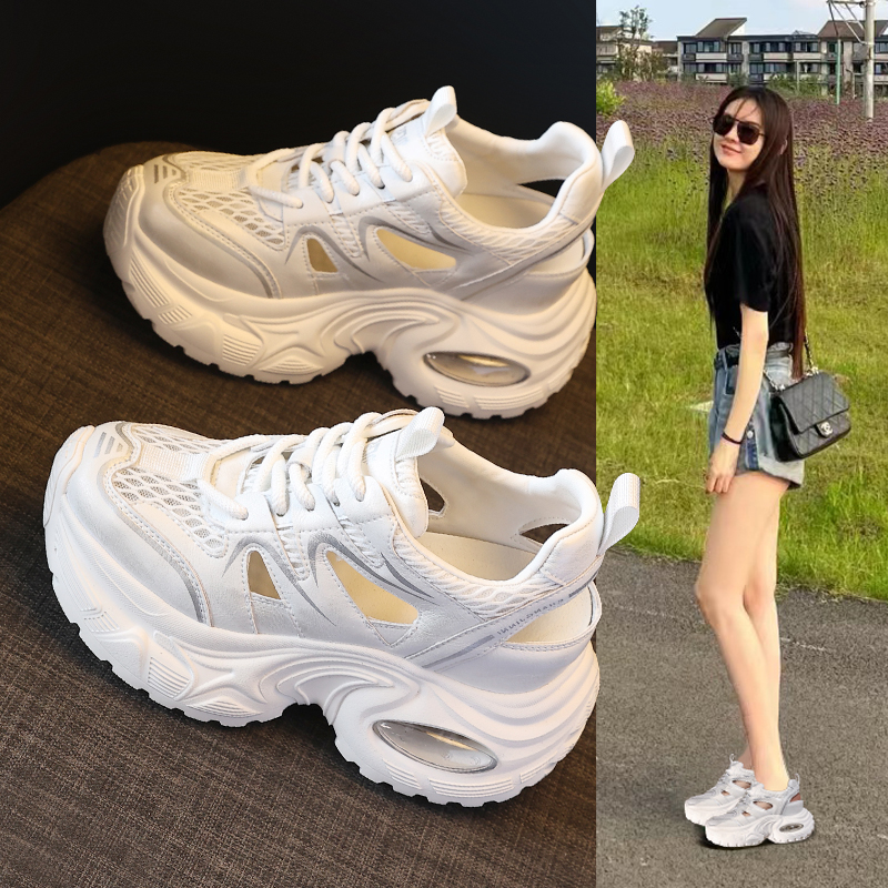 内增高8CM镂空网面透气老爹凉鞋女2025新款夏季薄款厚底运动休闲