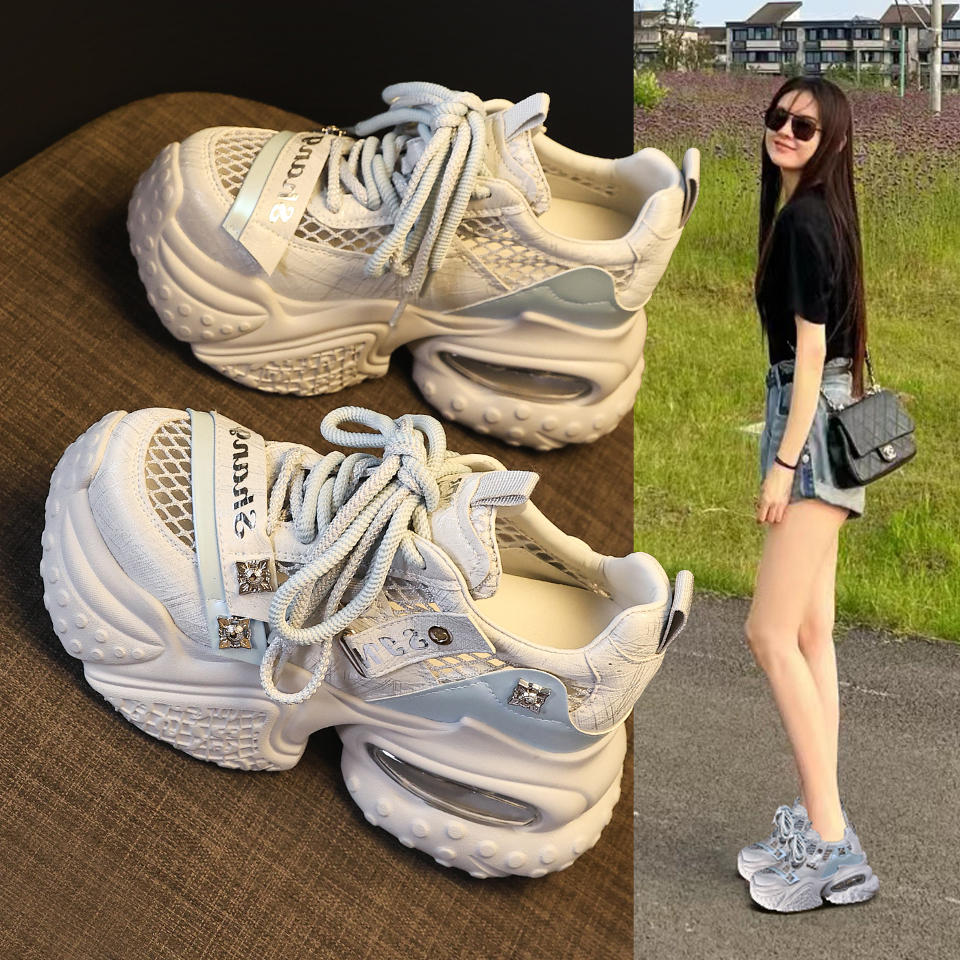 厚底内增高网面透气气垫老爹鞋女夏季新款时尚休闲百搭松糕运动鞋