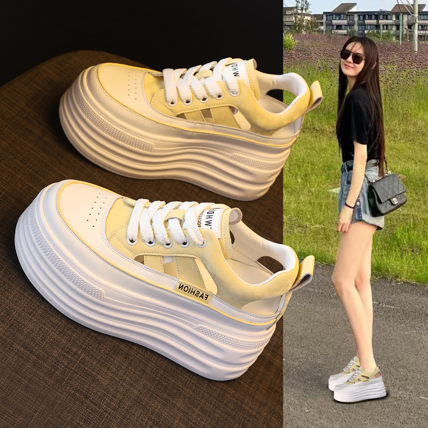 厚底内增高8cm镂空透气松糕凉鞋女夏季新款小个子百搭透气小白鞋