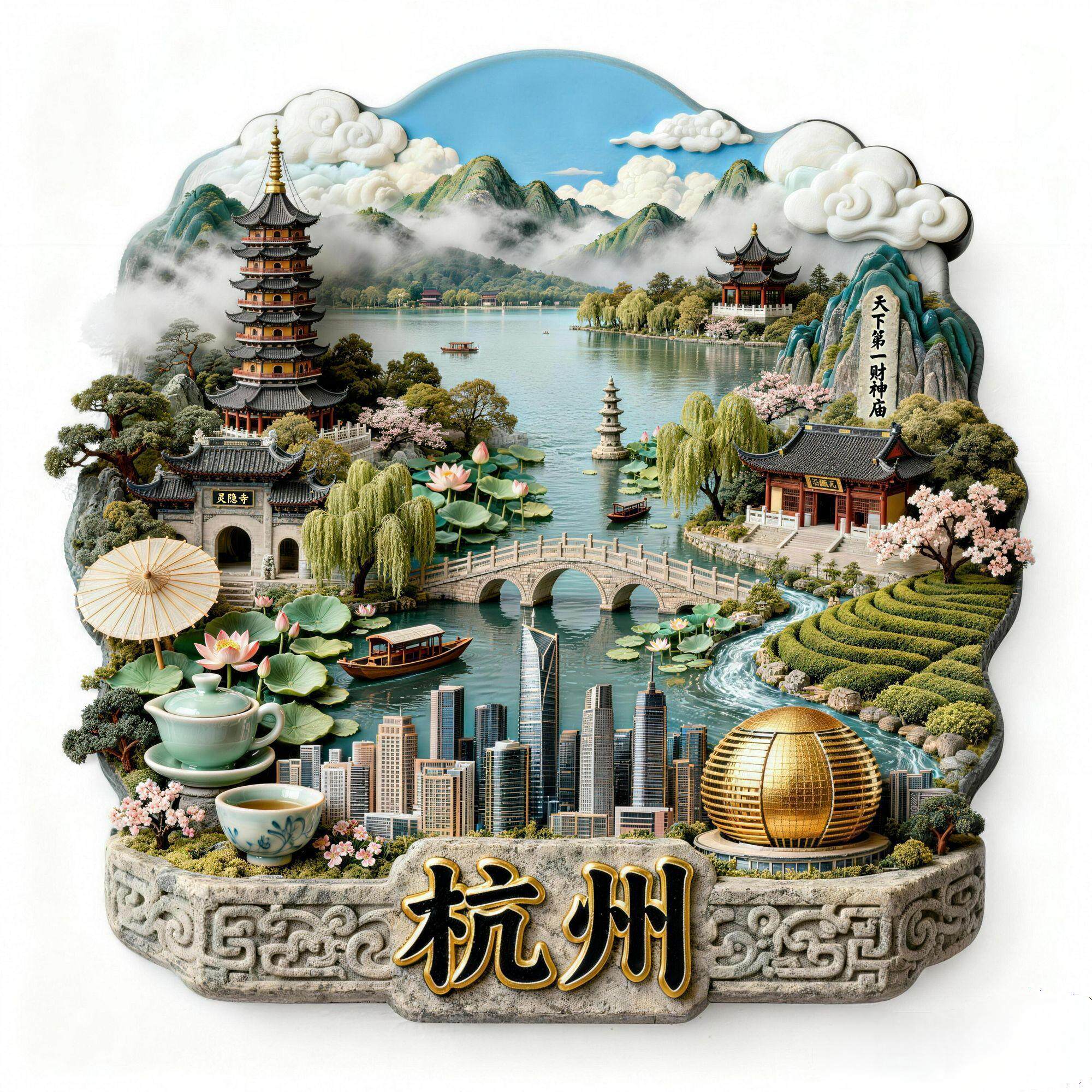 杭州西湖金属磁吸冰箱贴财神庙灵隐寺景点伴手礼文创旅游送人礼品