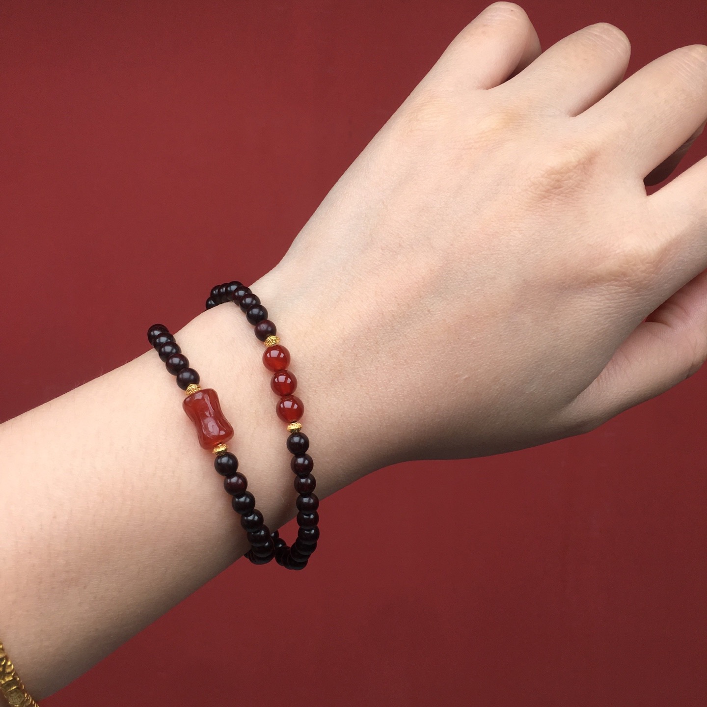 印度小叶紫檀玛瑙节节高升双圈手串女款招财纳福国风文玩佛珠手链