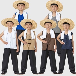 儿童农民村姑衣服草帽阿宝村民百姓劳动放牛放羊娃怀旧演出表演服