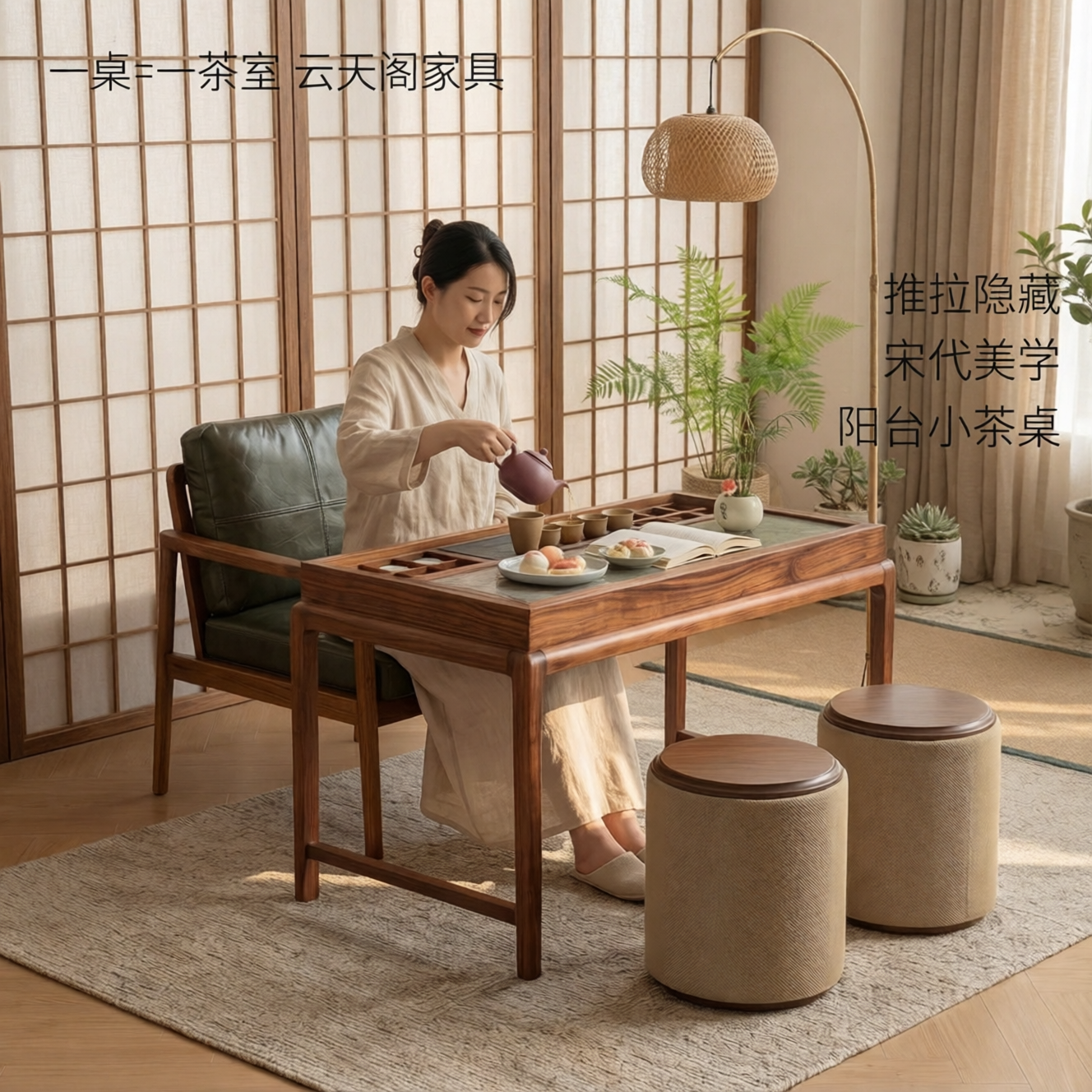 新中式阳台实木茶桌椅组合年轻人家用小户型岩板宋式禅意泡茶台