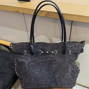 复古洗水牛仔铆钉皮带扣手提托特单肩女包大容量时尚 百搭潮质感包