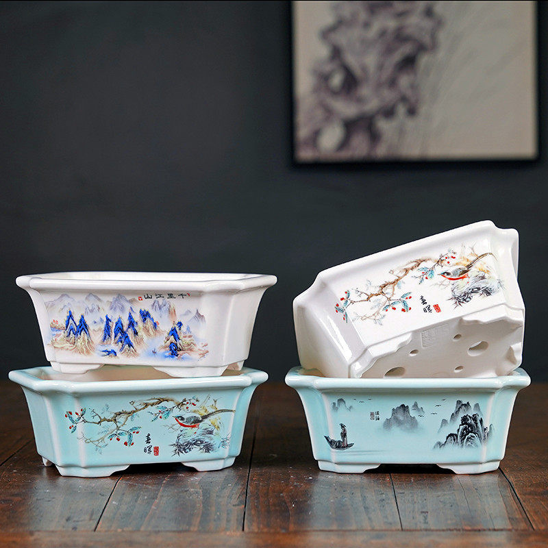 轻奢紫砂花盆青瓷釉长方形盆景盆多肉文竹盆栽盆中国风彩绘新款