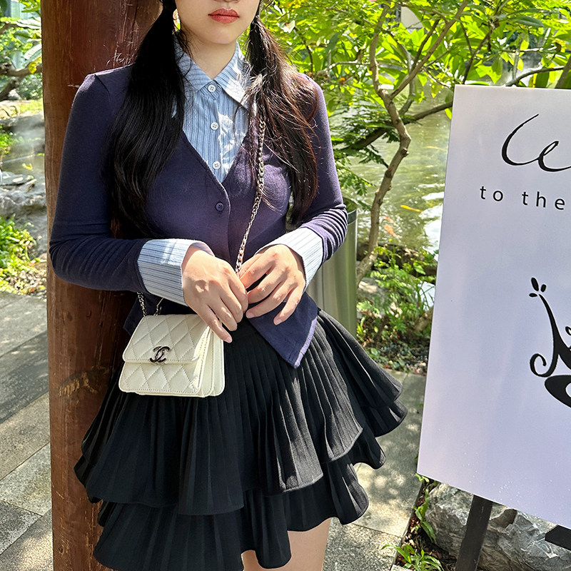 修身英伦单排扣长袖假两件衬衫女图片