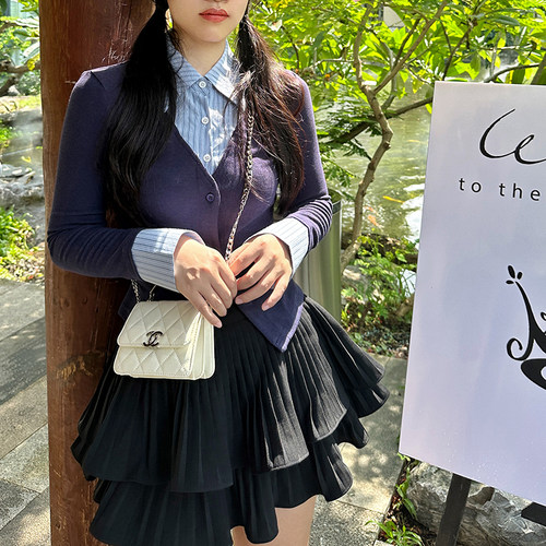 修身英伦单排扣长袖假两件衬衫女