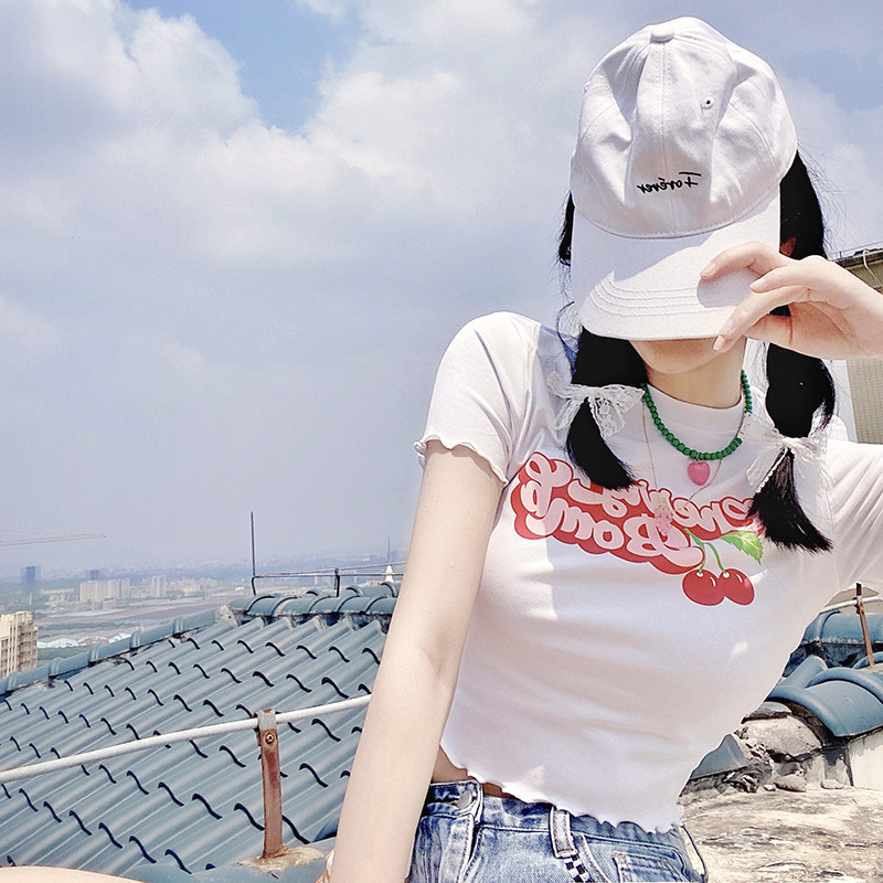 甜美短袖字母印花高腰薄T恤女图片