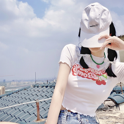 甜美短袖字母印花高腰薄T恤女