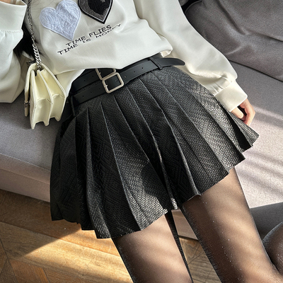 高腰短裙A字通勤格纹半身裙皮裙