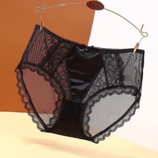 丝绸缎面内裤女士中腰包臀蕾丝收腹提臀性感黑色网纱女款2025新款