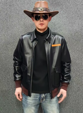 A2飞行服皮衣外套男头层牛皮真皮皮衣修身休闲经典潮流黑色翻领