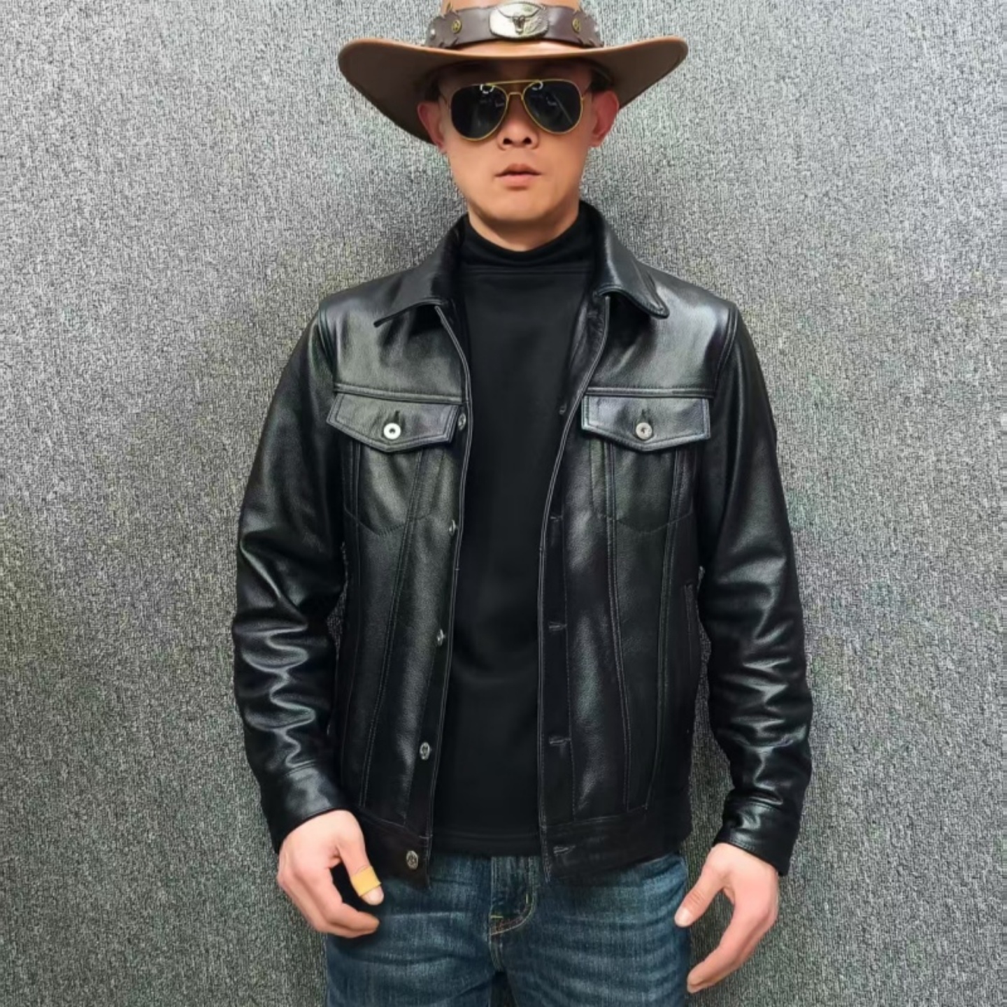 男款皮衣外套507牛仔翻领牛皮