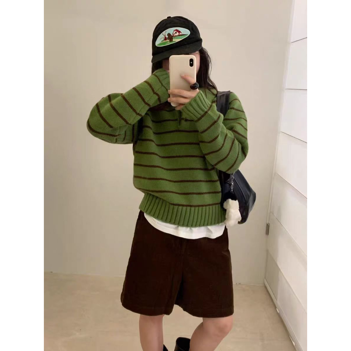 园园美衣条纹polo领针织衫秋冬新款宽松显瘦时尚针织上衣女套慵懒