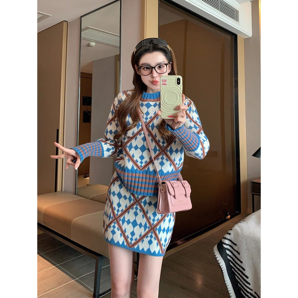 园园美衣毛衣套装女2026新款冬季时尚休闲慵懒百搭针织短裙两件套