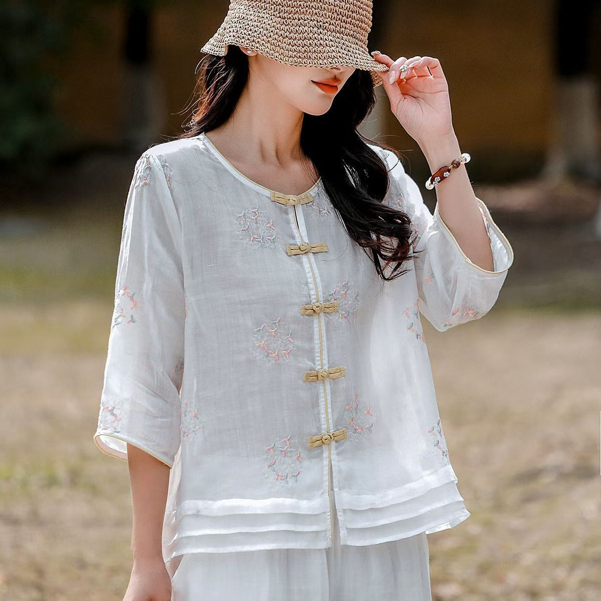 园园美衣款复古水溶刺绣苎麻衬衫女拼接衬衣中国风上衣夏女装白色