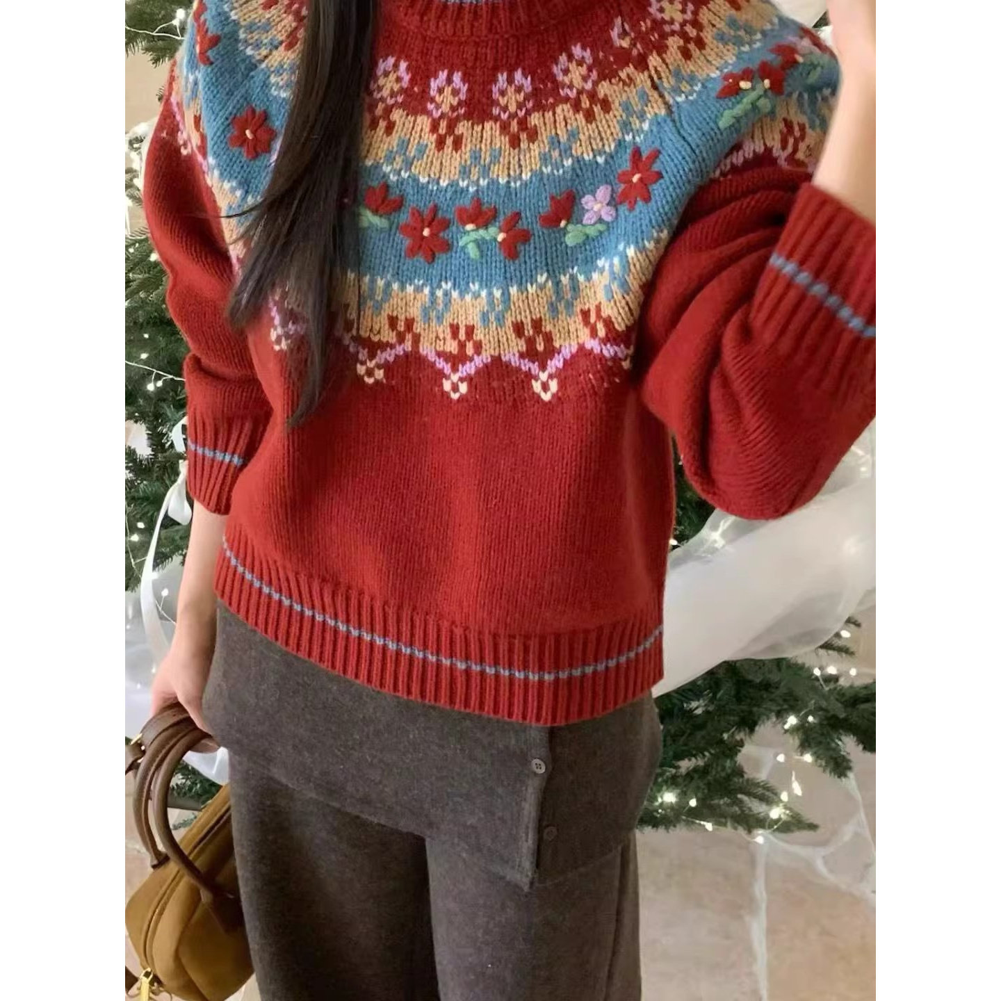 园园美衣岛刺绣提花软糯套头针织衫新款2026年秋冬季绝美大码女装