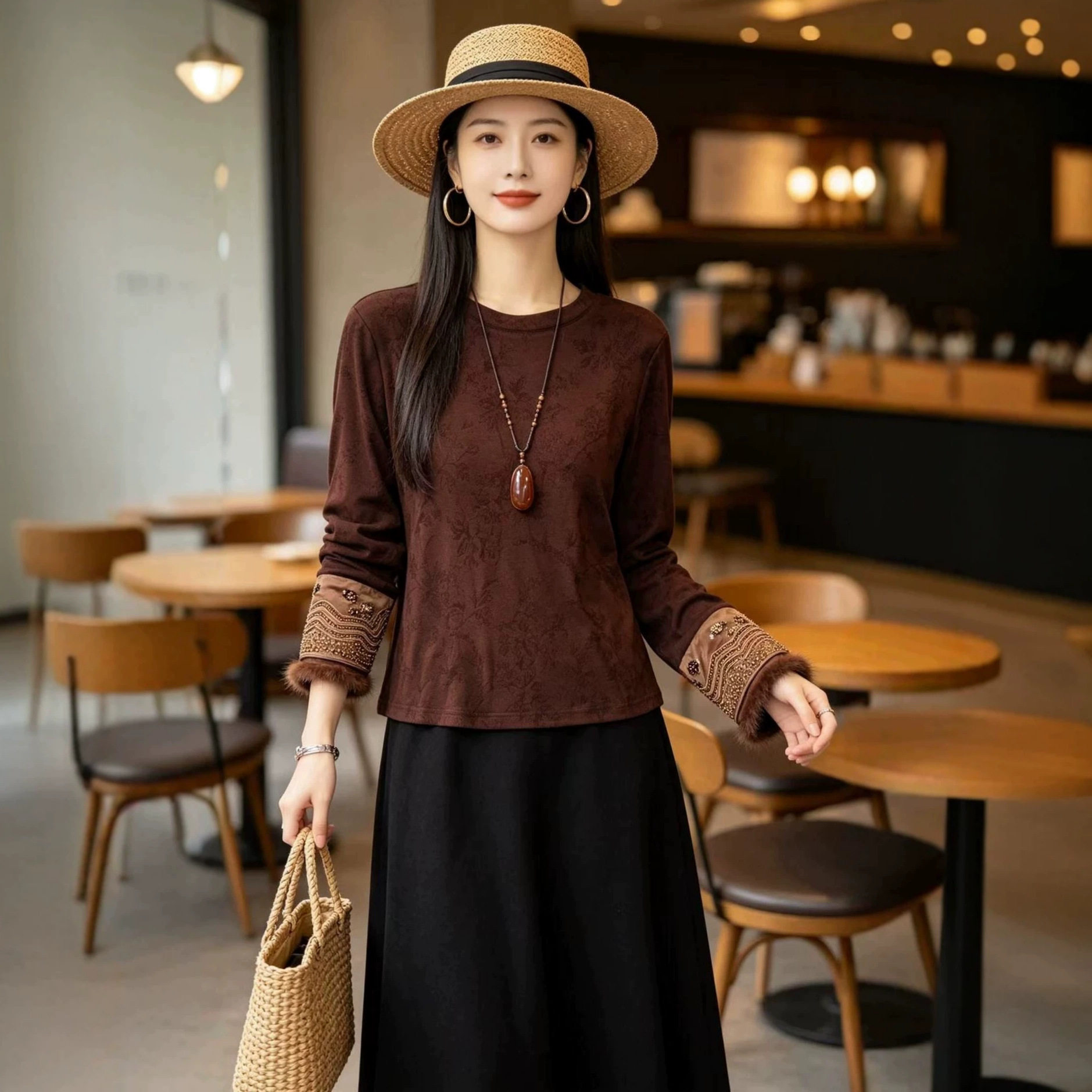 园园美衣风女提花手工钉珠拼接水貂毛羊绒打底衫复古百搭小衫上衣