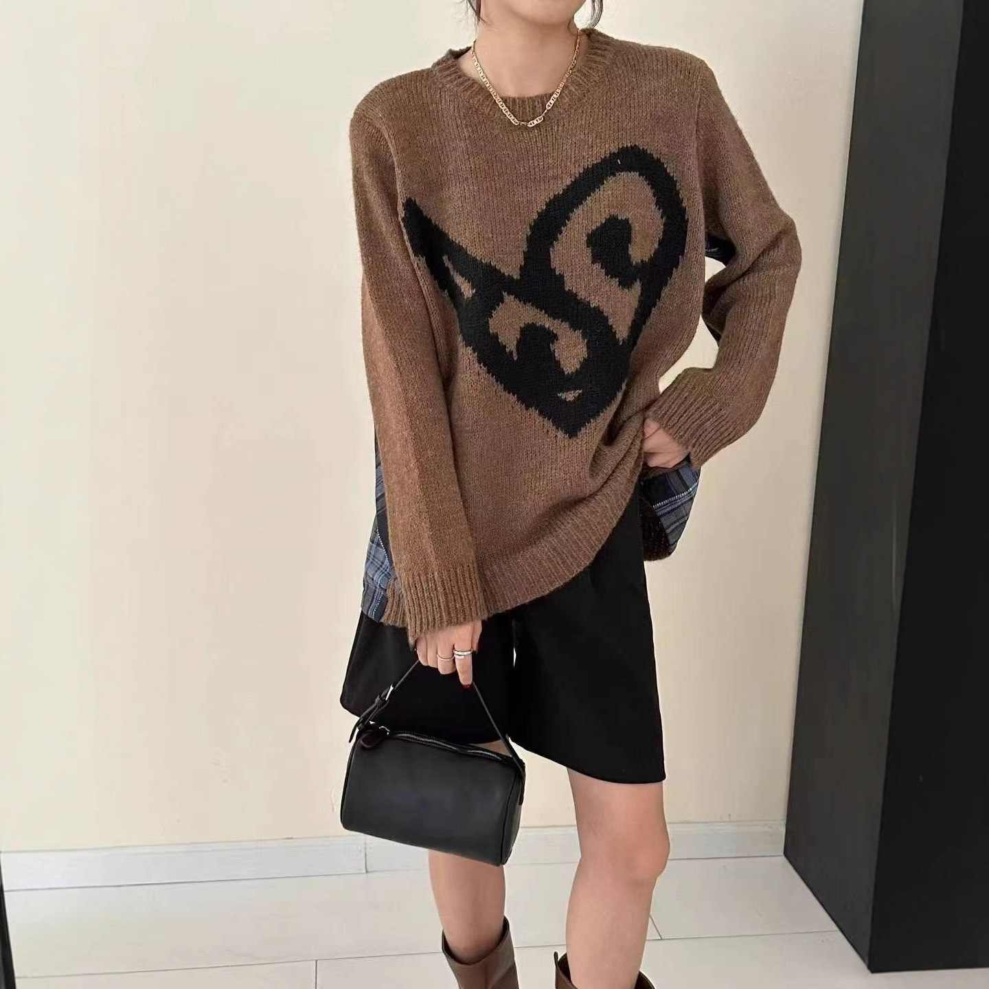 园园美衣美式复古格子拼接毛衣女秋冬季韩系慵懒风小众针织衫上衣