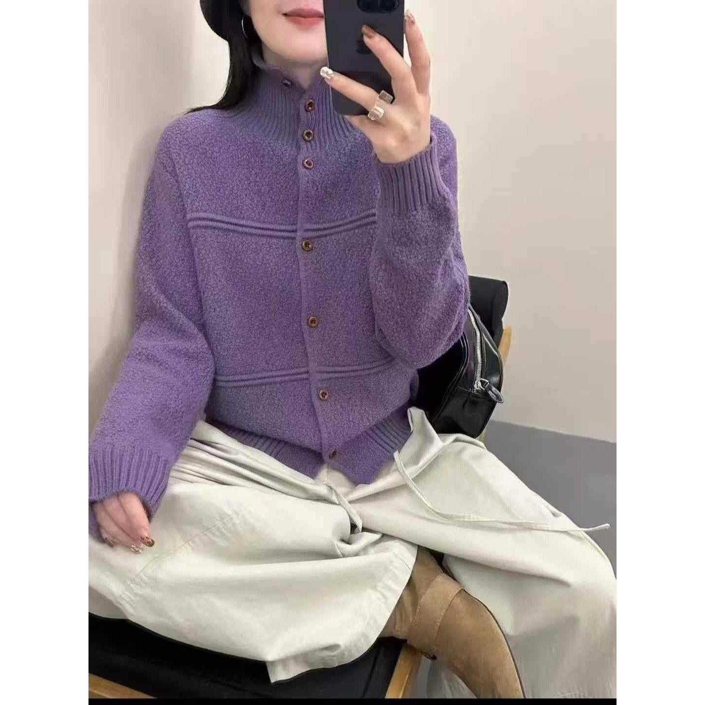 园园美衣上衣女新款立领宽松慵懒风显瘦针织开衫气质纯色百搭毛衣