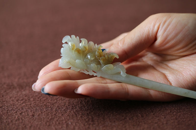 【牡丹赋】天然和田糖青玉精雕牡丹簪一枚 【小精品】