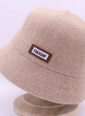 G72秋冬季新款韩版羊毛混纺女渔夫帽保暖防寒小皮标休闲针织盆帽