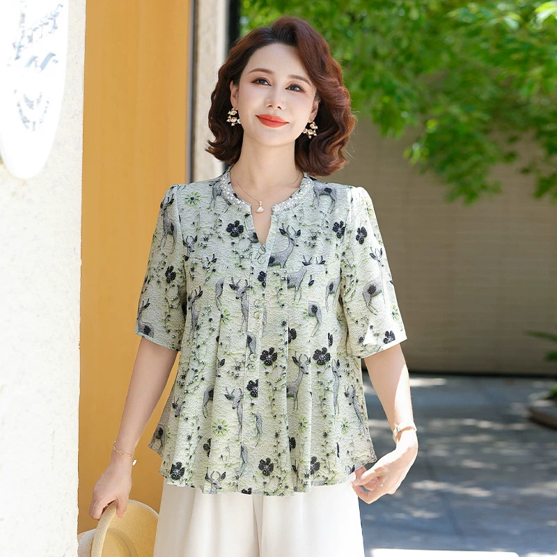 妈妈夏装宽松印花衫上衣薄中年女士褶皱显瘦衫中老年开领短袖T恤