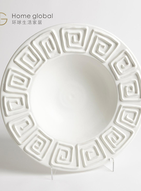 环球悦生活样板房间软装设计师哑白色希腊花纹陶瓷碗果盘轻奢摆件