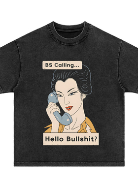 hello bullshit美式复古水洗做旧重磅纯棉宽松圆领长短袖T恤男女t