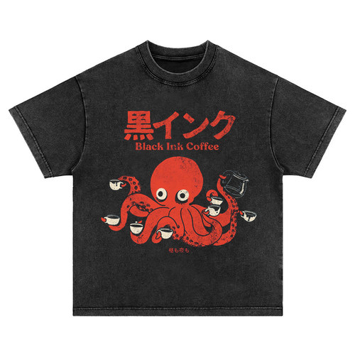 喝咖啡的章鱼 趣味搞怪美式休闲复古水洗做旧长短袖T恤男女卫衣