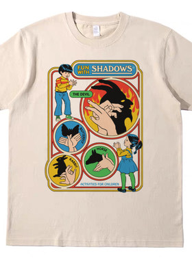 美式复古插画 趣味卡其色T恤复古vintage男女款纯棉宽松短袖tee